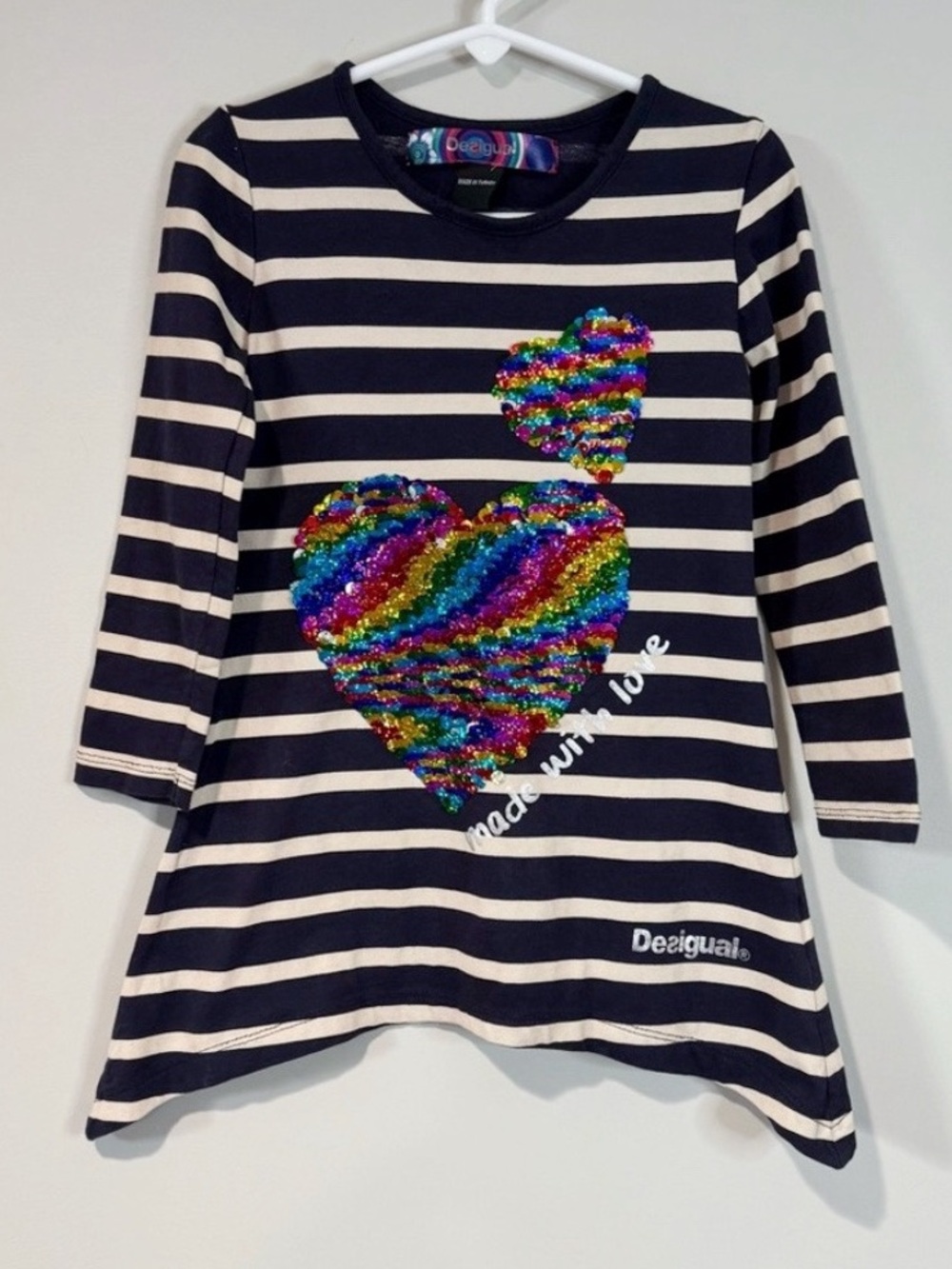 Desigual Girls' Navy Striped Reversible Sequins Heart Tunic Top Size 5T Sparkly